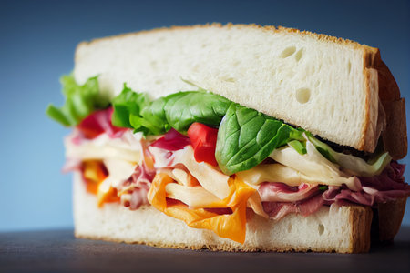 Sandwich with ham, cheese, lettuce and tomatoes on blue backgroundの写真素材