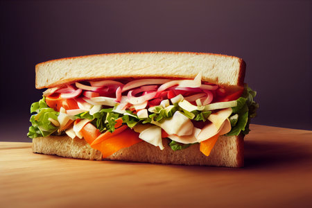 Sandwich with ham, cheese, tomato, onion and lettuce.の写真素材
