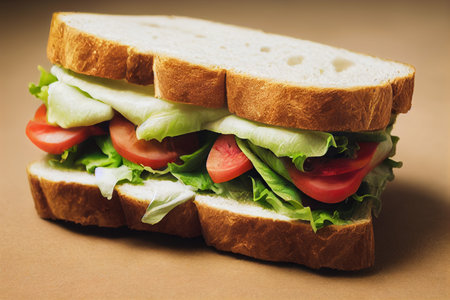 Sandwich with lettuce, tomato and cheese on a brown background.の写真素材