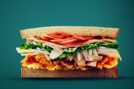 sandwich with ham, cheese and vegetables on a dark green backgroundの写真素材