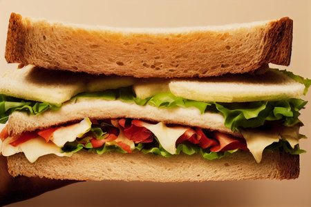 Sandwich with ham, cheese, tomato and lettuce on a white backgroundの写真素材