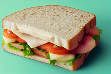 Sandwich with cheese, tomato and lettuce on a green background.の写真素材