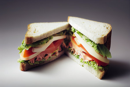 Sandwich with ham, cheese, tomato and lettuce on gray backgroundの写真素材