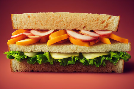 Sandwich with ham, cheese and vegetables on a red background.の写真素材