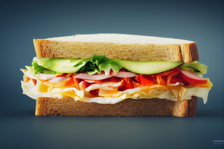 Sandwich with ham, cheese and vegetables on a dark background.の写真素材