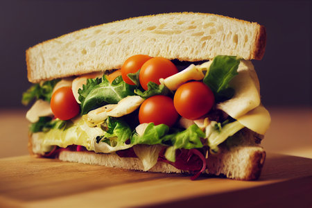 Sandwich with cheese, cherry tomatoes and lettuce on a wooden boardの写真素材