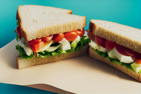 Sandwiches with cheese, tomato, cucumber and lettuce on a blue backgroundの写真素材