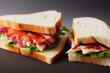 Sandwich with ham, cheese and vegetables on a dark background.の写真素材