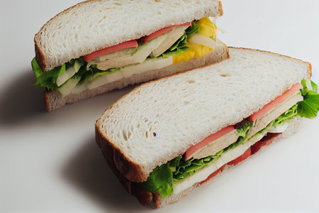 Sandwich with ham, cheese and vegetables on a white background.の写真素材