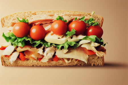 Sandwich with ham, cheese, tomatoes and lettuce on brown backgroundの写真素材