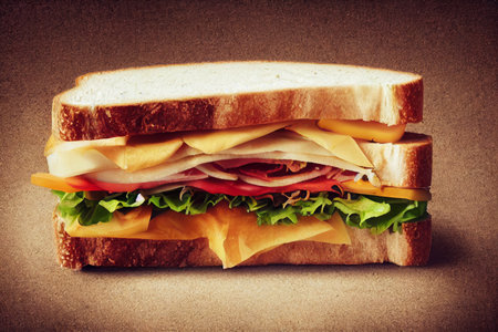 Sandwich with ham, cheese and vegetables on brown background. Toned.の写真素材
