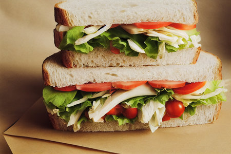 Sandwich with lettuce, tomato, cucumber and onion on brown backgroundの写真素材