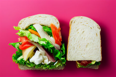 Sandwich with vegetables and mayonnaise on a pink background.の写真素材