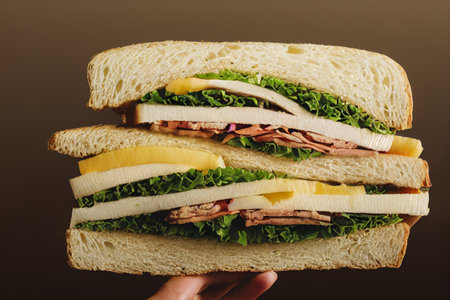 Sandwich with ham, cheese and vegetables on dark background. Toned.の写真素材
