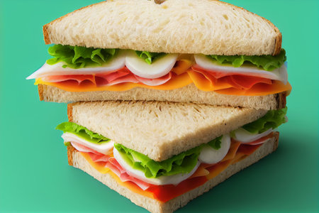 Sandwich with ham, cheese, lettuce and tomato on green backgroundの写真素材