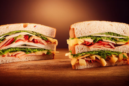 Sandwiches with ham, cheese and vegetables. Toned.の写真素材