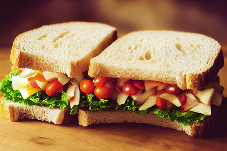 Sandwich with ham, cheese, tomatoes and lettuce on wooden background