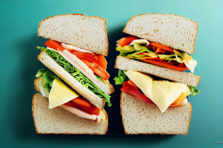 Sandwiches with ham, cheese and vegetables on a green backgroundの写真素材