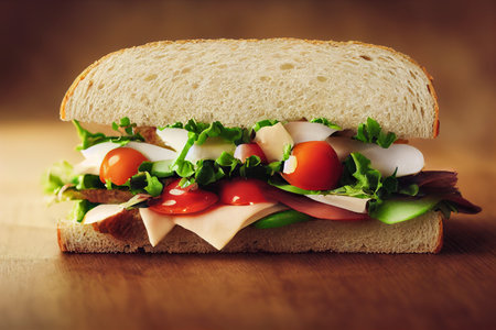 sandwich with ham, cheese, tomato and lettuce on wooden background
