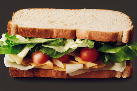 Sandwich with cheese, tomato and lettuce on a black background.の写真素材