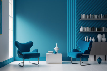 Blue living room interior with armchairs and coffee table. 3d renderingの素材