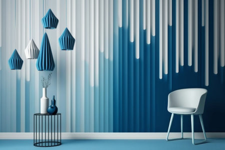 Blue living room with white chair and blue curtains, 3d renderの素材