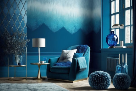 Blue living room interior with armchair and blue wall. 3d renderingの素材