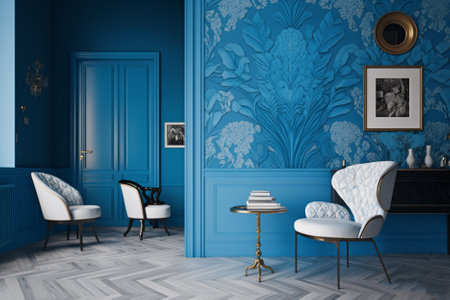 Classic blue interior with blue walls, wooden floor and classic armchairs. 3d renderingの素材