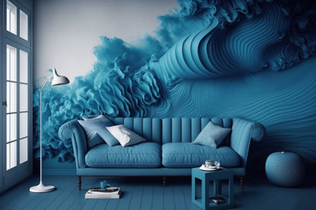 modern living room with blue wall and blue sofa 3d render illustrationの素材