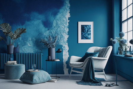 Blue living room interior with blue walls, blue sofa, blue armchair and a poster. 3d rendering mock upの素材