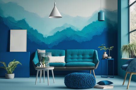 Blue living room interior with a blue sofa, a coffee table and a poster. 3d rendering mock upの素材