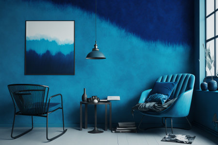 Blue living room interior with a blue armchair, a coffee table and a framed picture on the wall. 3d rendering mock upの素材