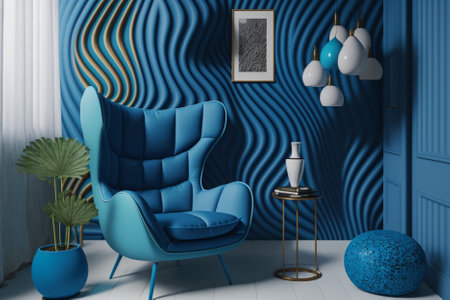 Blue armchair in modern living room with blue wall, 3d renderの素材