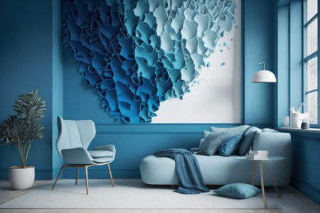 Blue bedroom interior with blue walls, carpet on the floor and blue armchair. 3d renderingの素材