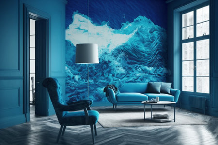 Blue living room interior with blue sofa and coffee table. 3d renderingの素材