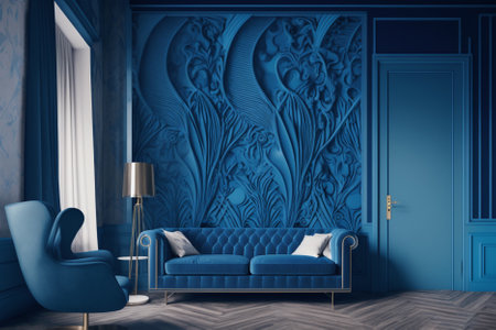 Classic blue living room interior with blue sofa and armchair. 3d renderingの素材