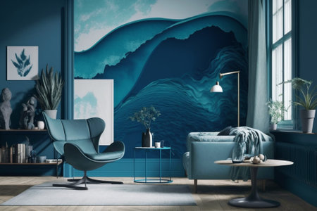 Modern living room interior design with blue armchair. 3d renderingの素材