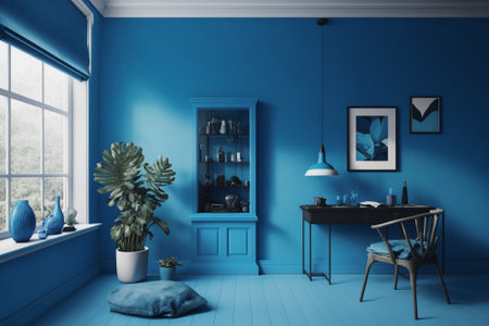 Blue living room interior design with blue walls, blue floor, panoramic window, coffee table, potted plant. 3d renderingの素材