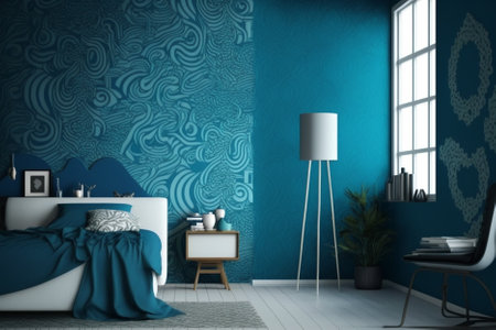Blue bedroom interior with blue wallpaper, 3d render illustration mock upの素材