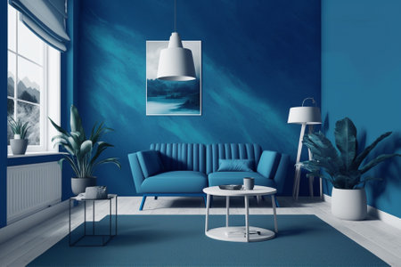 Blue living room with blue sofa and coffee table. 3d renderingの素材