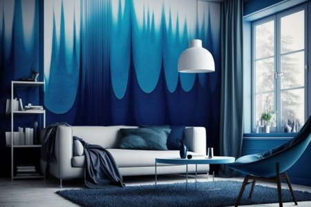 Interior of modern living room with blue curtains and blue sofa 3D renderingの素材