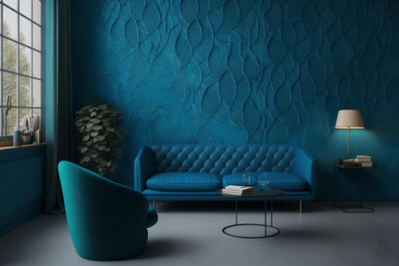 Blue living room interior with blue sofa and armchair. 3d renderingの素材