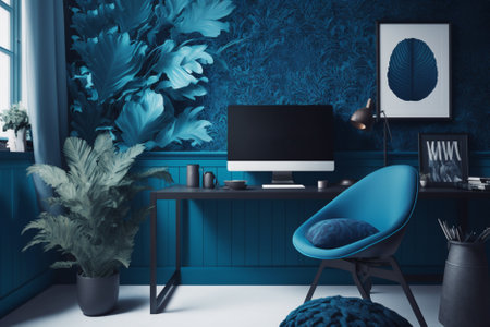 Modern living room interior with blue walls, concrete floor, blue armchair and computer. 3d renderingの素材