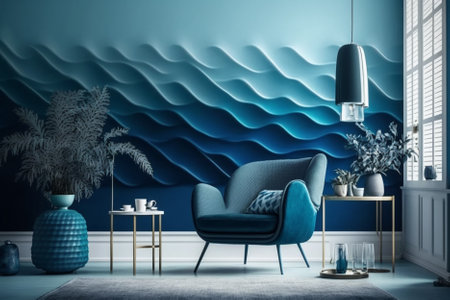 Modern living room interior with blue wall and blue armchair. 3d renderingの素材
