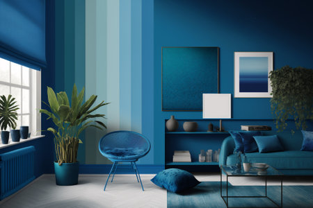 Blue living room interior with blue sofa, blue armchair, coffee table and bookshelf. 3d renderingの素材