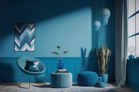 Blue living room interior with blue walls, blue sofa, blue armchair and potted plants. 3d renderingの素材