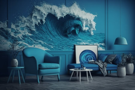 Blue living room interior with ocean wave and blue armchair. 3D Renderingの素材