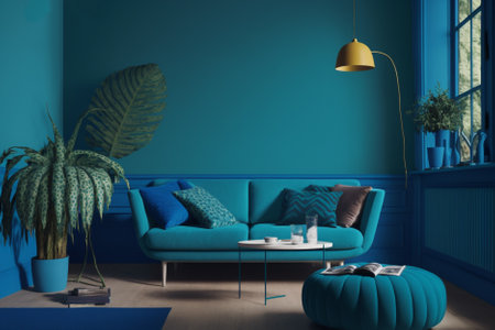 Blue living room interior with a blue sofa and a coffee table. 3d rendering mock upの素材