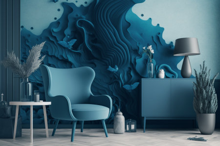 Modern living room interior with blue armchair. 3d rendering illustrationの素材