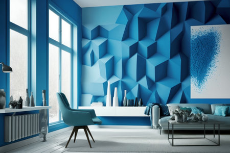 Blue living room interior with blue walls, a wooden floor, a blue sofa and a coffee table. 3d rendering mock upの素材